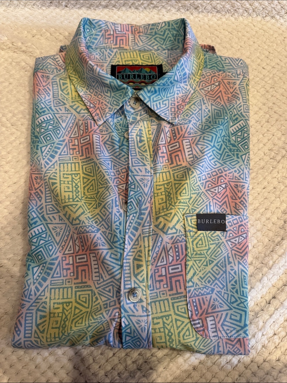 BURLEBO Pastel Geo-Print Button-Down Shirt in Blue, Pink, Yellow, Green